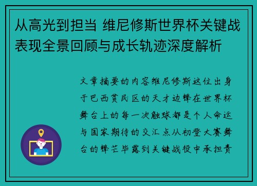 从高光到担当 维尼修斯世界杯关键战表现全景回顾与成长轨迹深度解析
